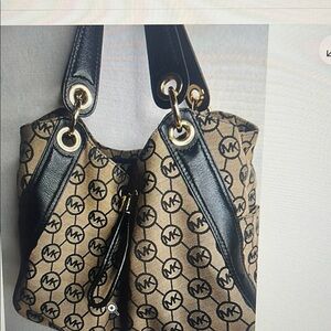 Michael Kors Beige MK Logo Shoulder Bag with Black Trim